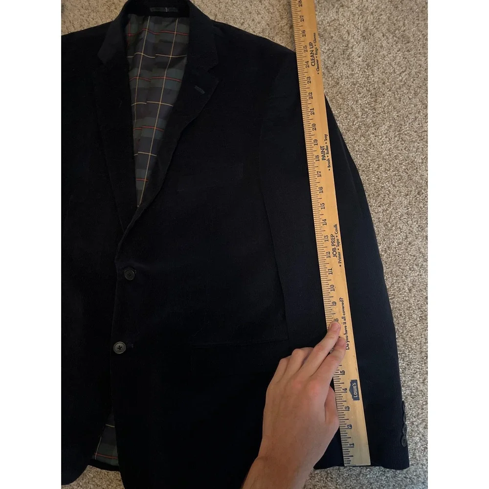 Alan Flusser Mens Blazer Large Navy Blue Corduroy Sport Coat Plaid Lining Formal